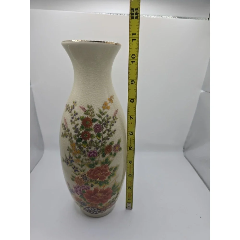Vtg Mid-Century Japanese Floral Vase, Creamy White With Chinoiserie Design 11 in